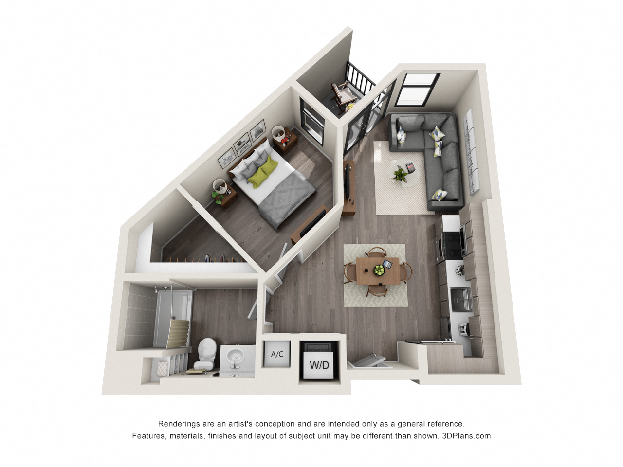 Floor plan for 1 bed, 1 bath, 636 sqft